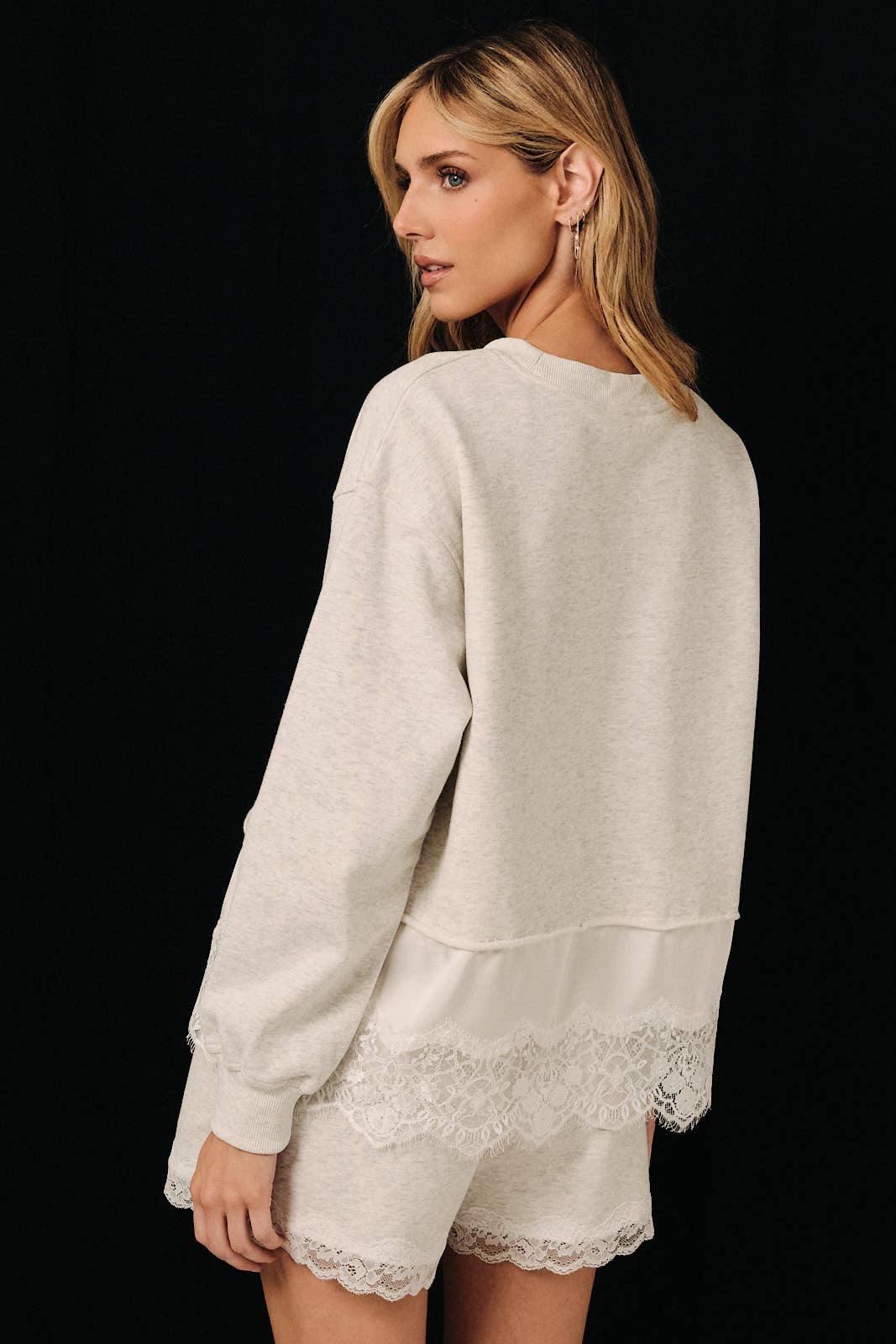 Round Neck Lace Trimmed Hem Long Sleeve Sweatshirt