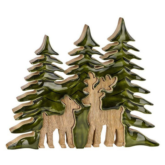 Mango Wood & Green Enamel Tree and Deer Puzzle Decor - 11"