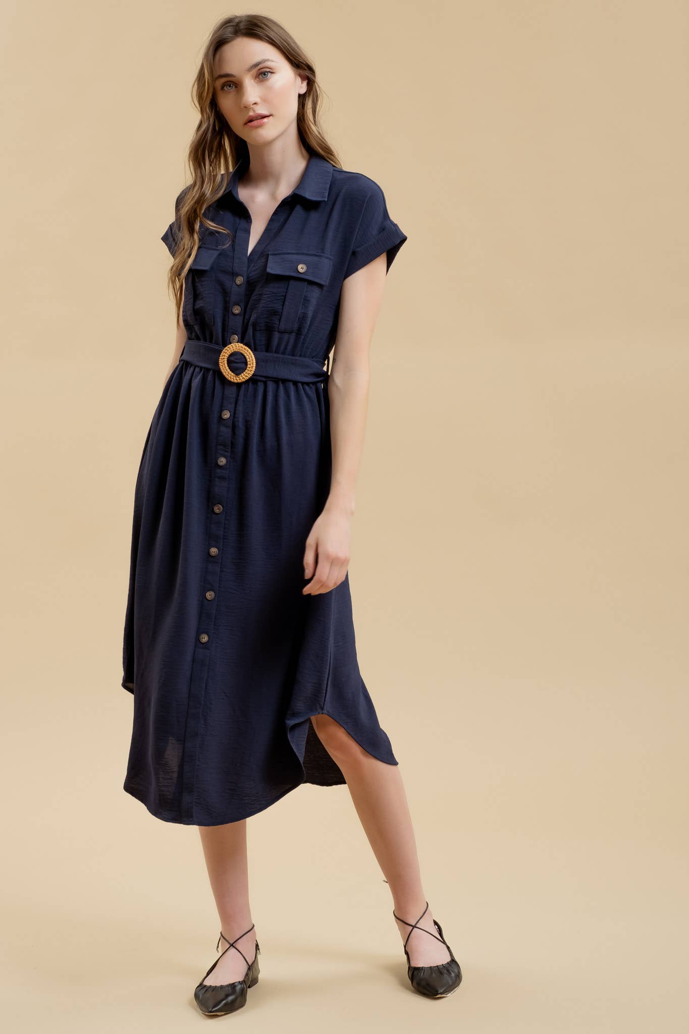 BUTTON DOWN BELTED DRESS