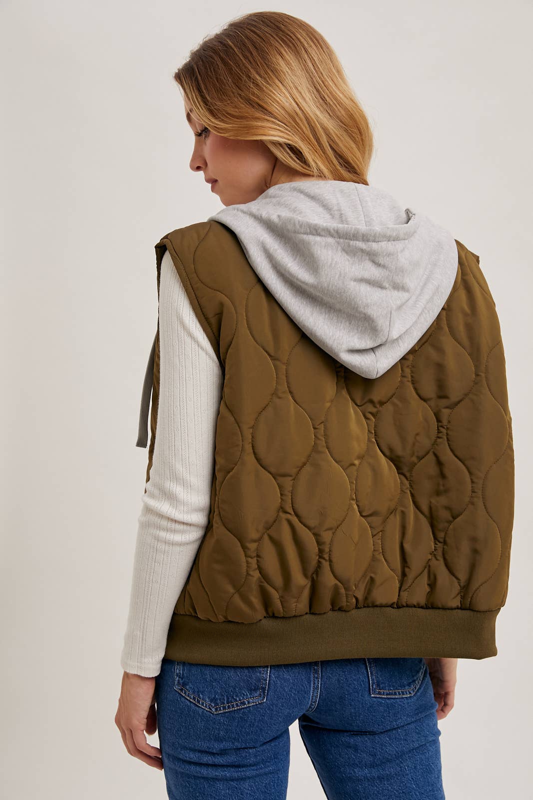 ZIPPER FRONT QUILTED PUFFER VEST CONTRAST HOODIE