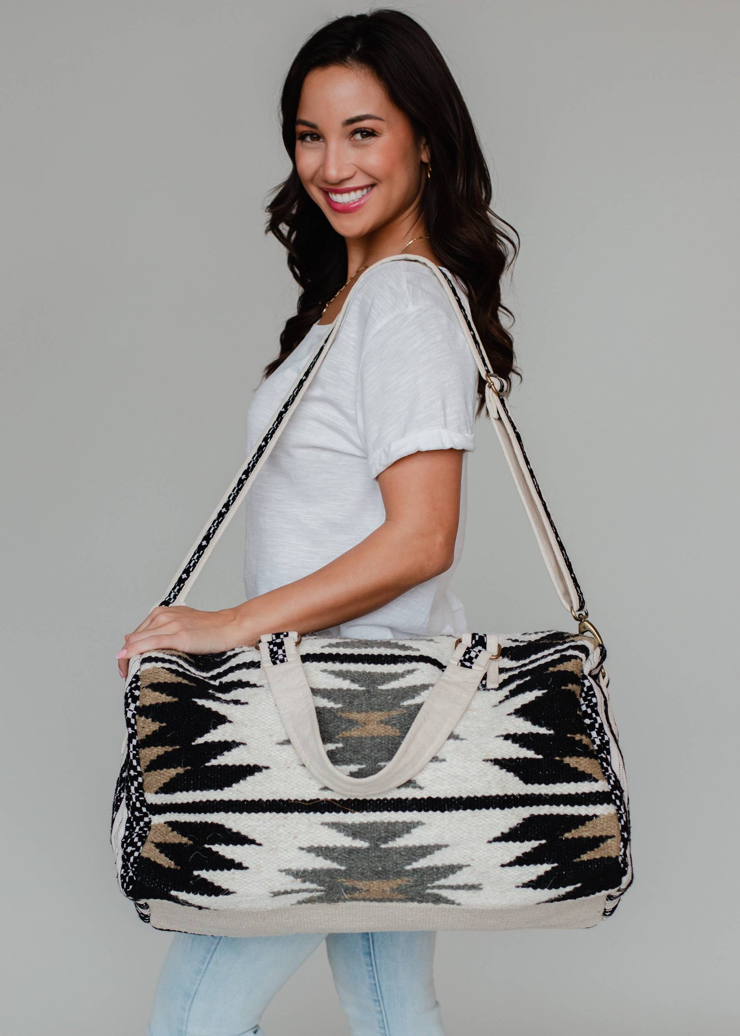 Cream, Black, Tan & Gray Aztec Duffel