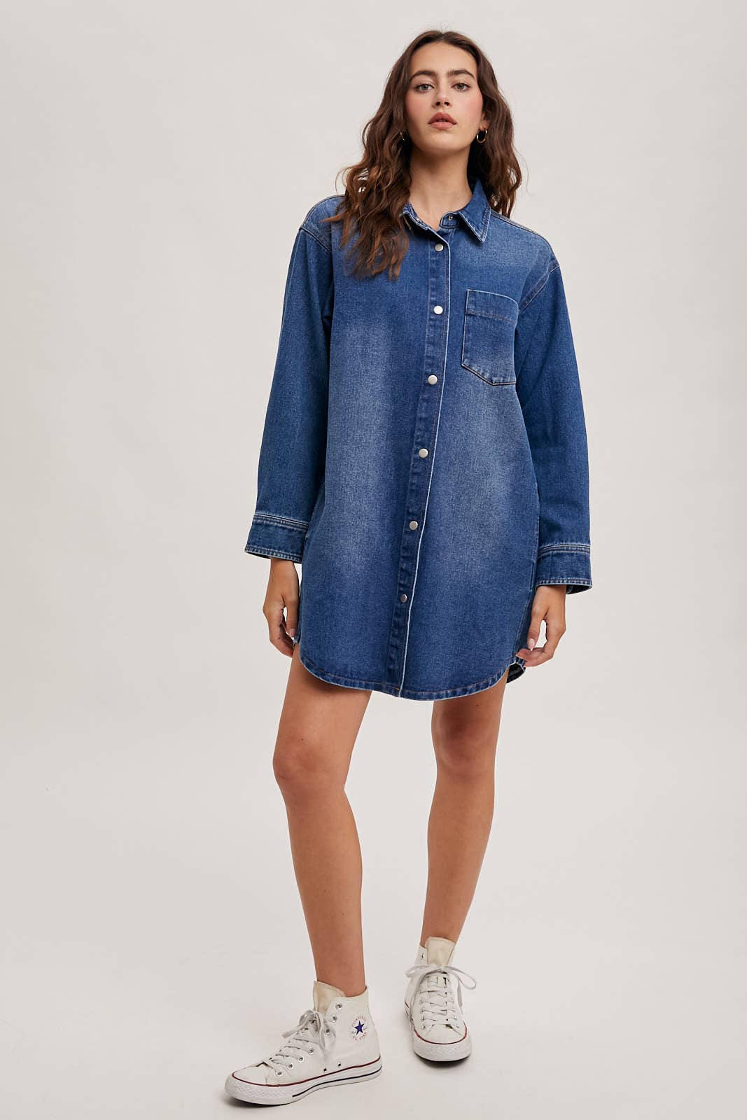 DENIM BUTTON DOWN SHIRT DRESS WITH POCKETS