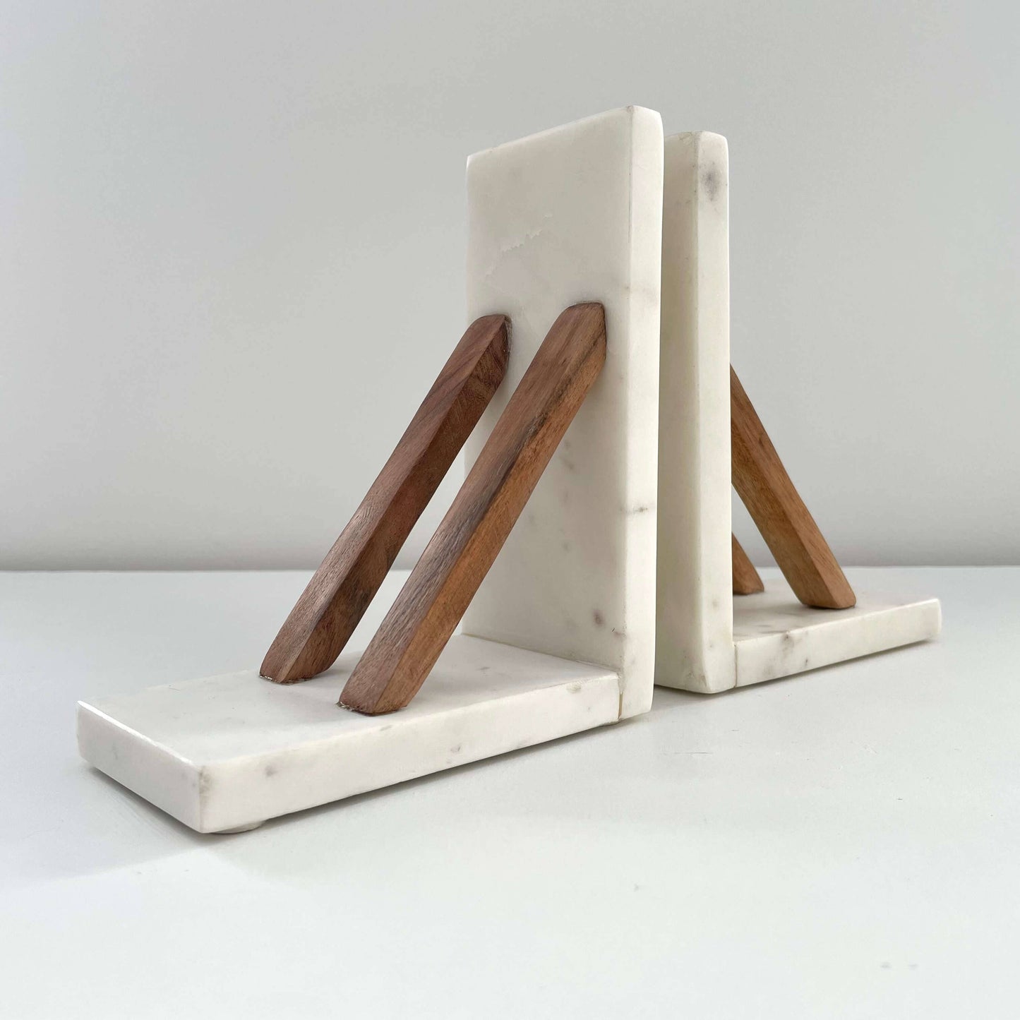 White marble & acacia wood handmade minimal neutral bookends