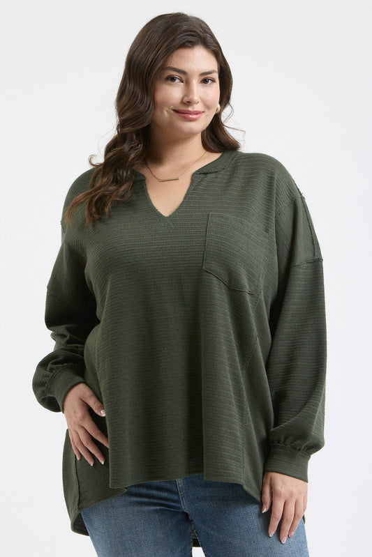 Plus Solid Patchwork Split Neck Knit Top