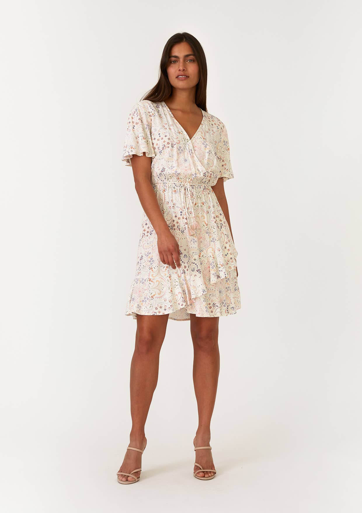 Floral Flutter Sleeve Surplice Ruffled Mini Dress