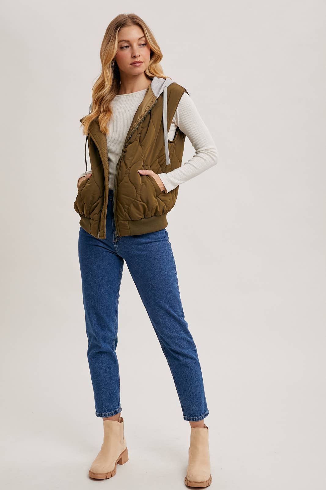 ZIPPER FRONT QUILTED PUFFER VEST CONTRAST HOODIE