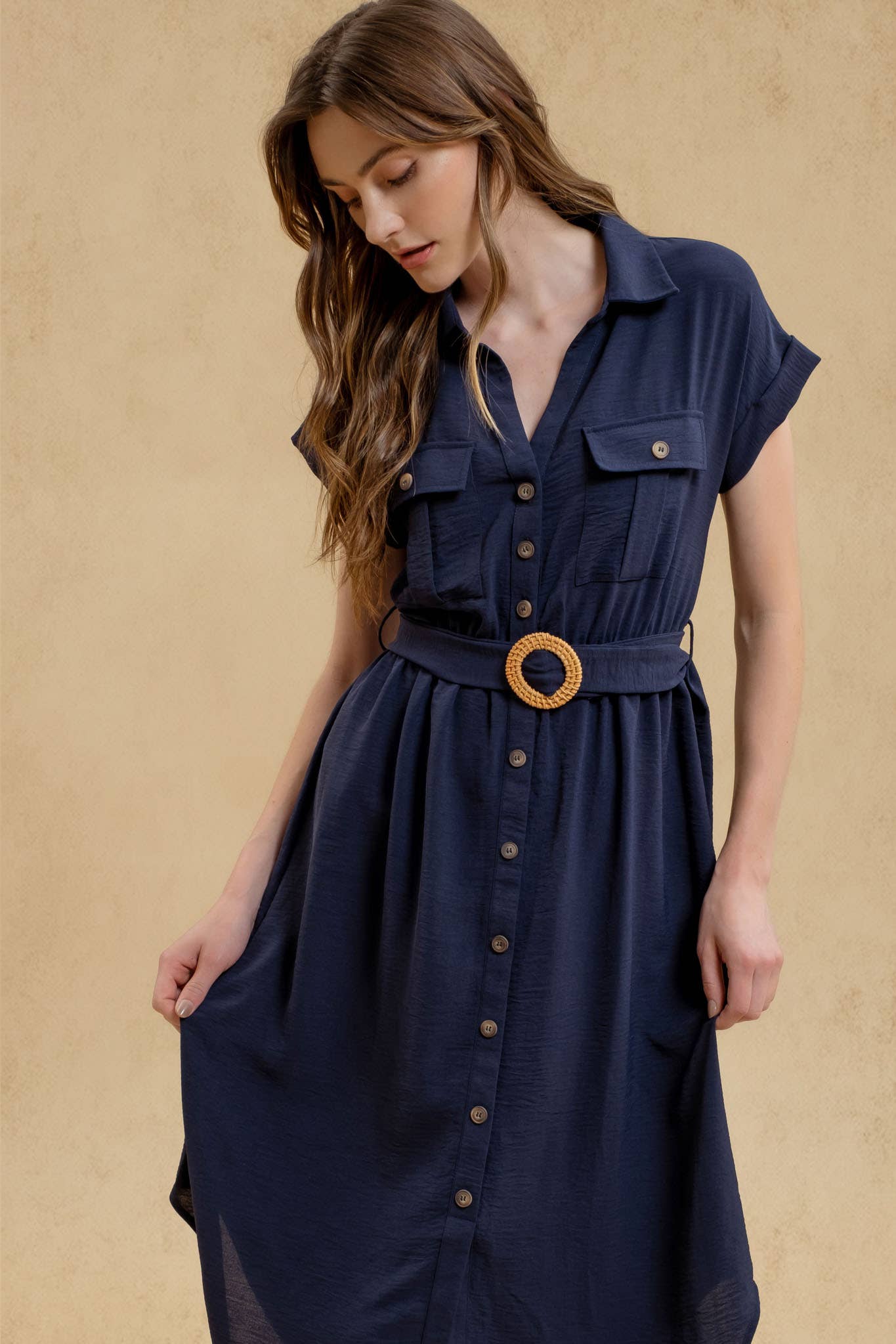 BUTTON DOWN BELTED DRESS