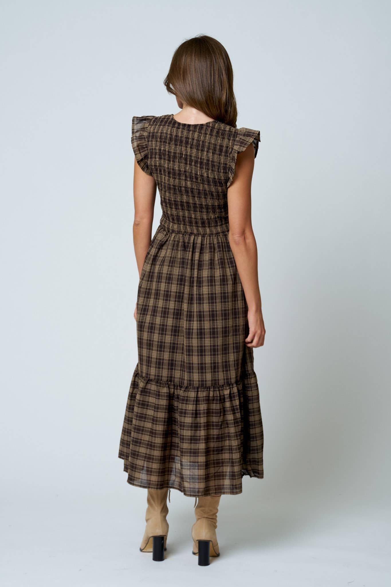 Plaid Button Down Ruffled Midi Dress
