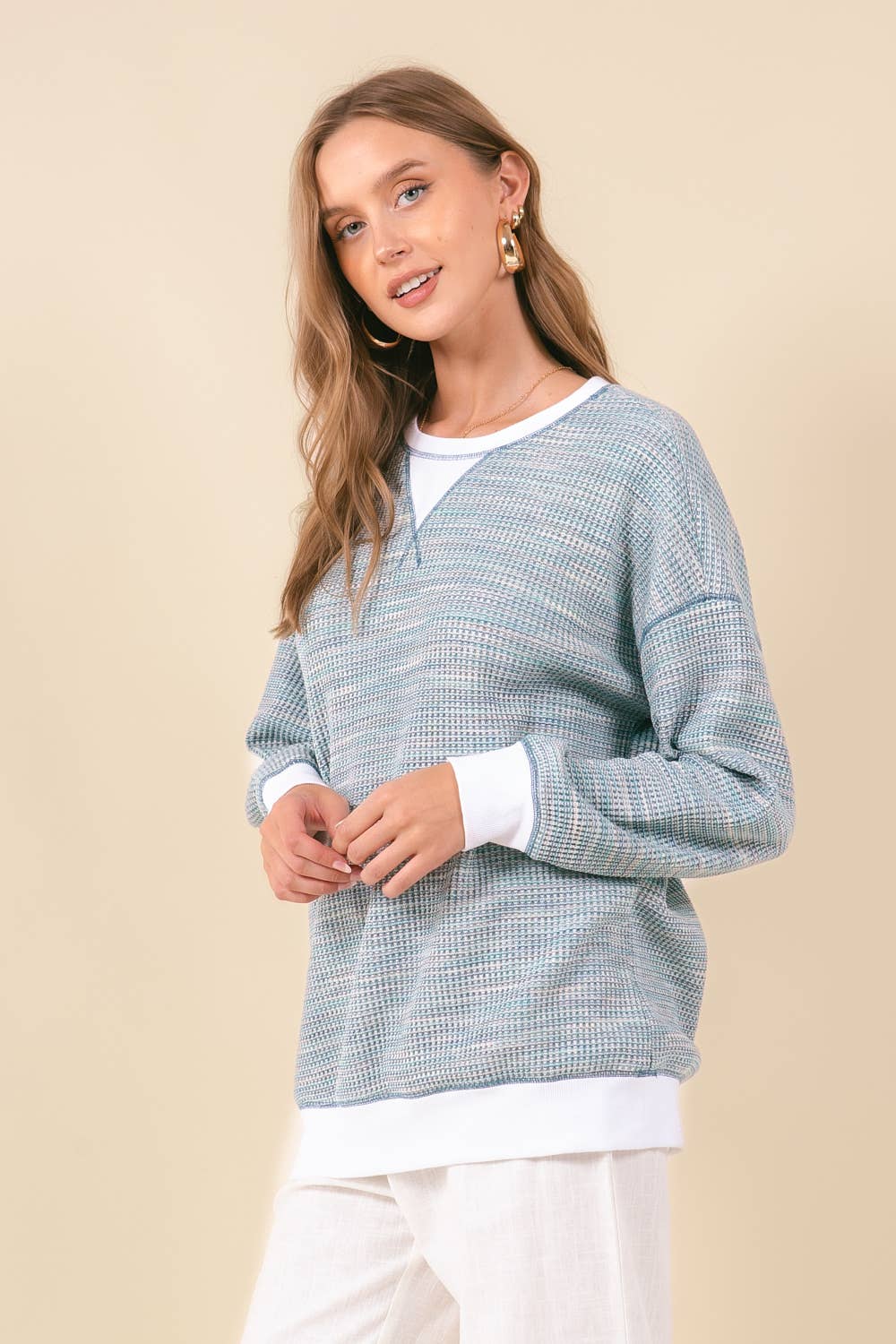 MULTI-COLORED WAFFLE KNIT DROP SHOULDER LONG SLEEVE - 44601T