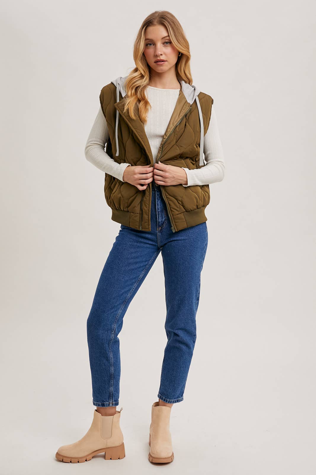 ZIPPER FRONT QUILTED PUFFER VEST CONTRAST HOODIE