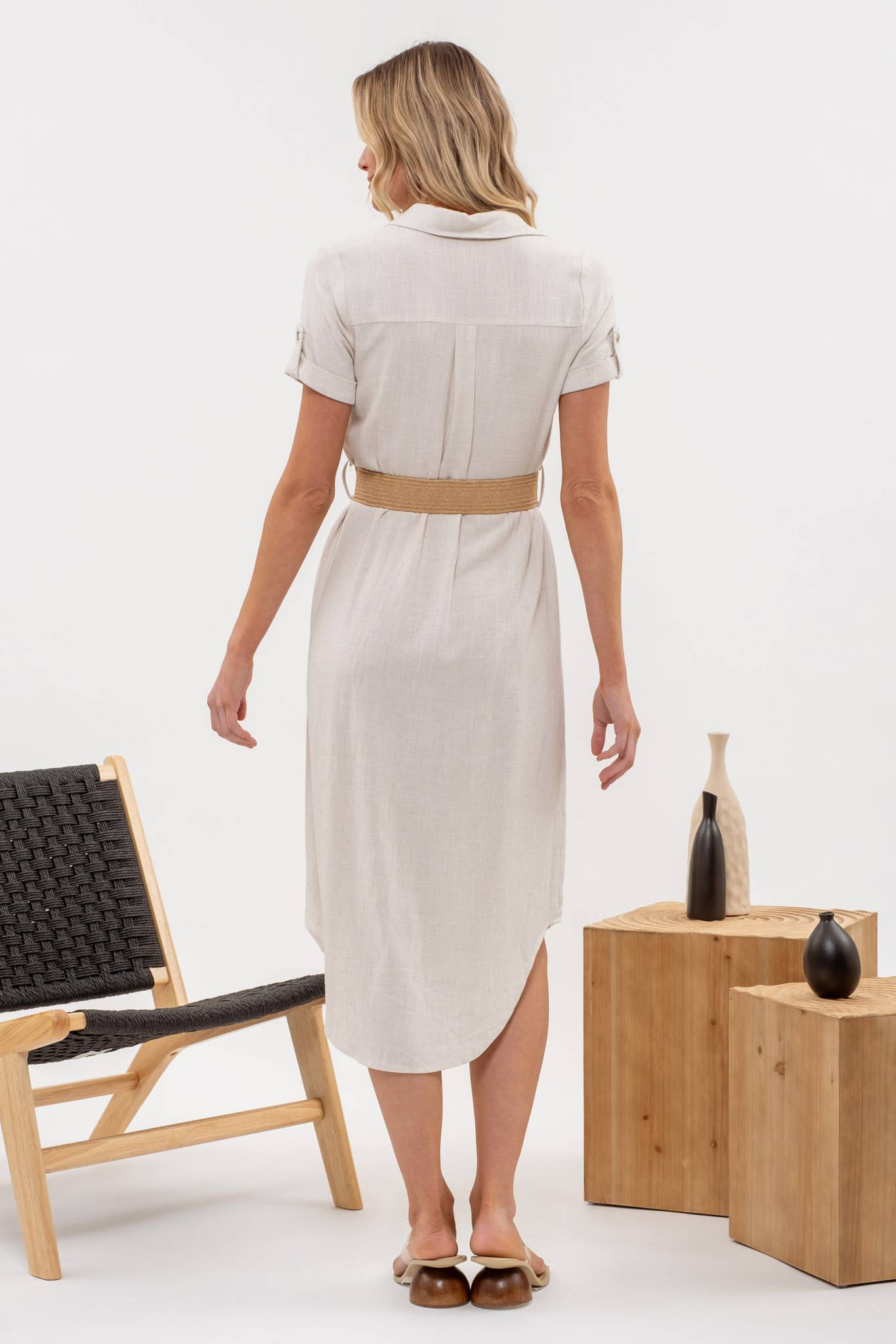 COLLARED BUTTON DOWN TAB SLEEVE BELTED MIDI DRESS