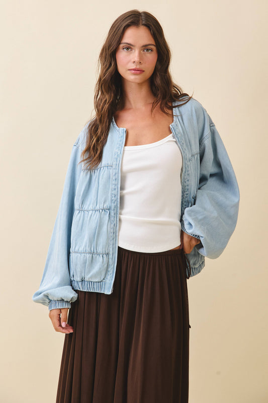 Oversized Ruched Denim Zip Jacket
