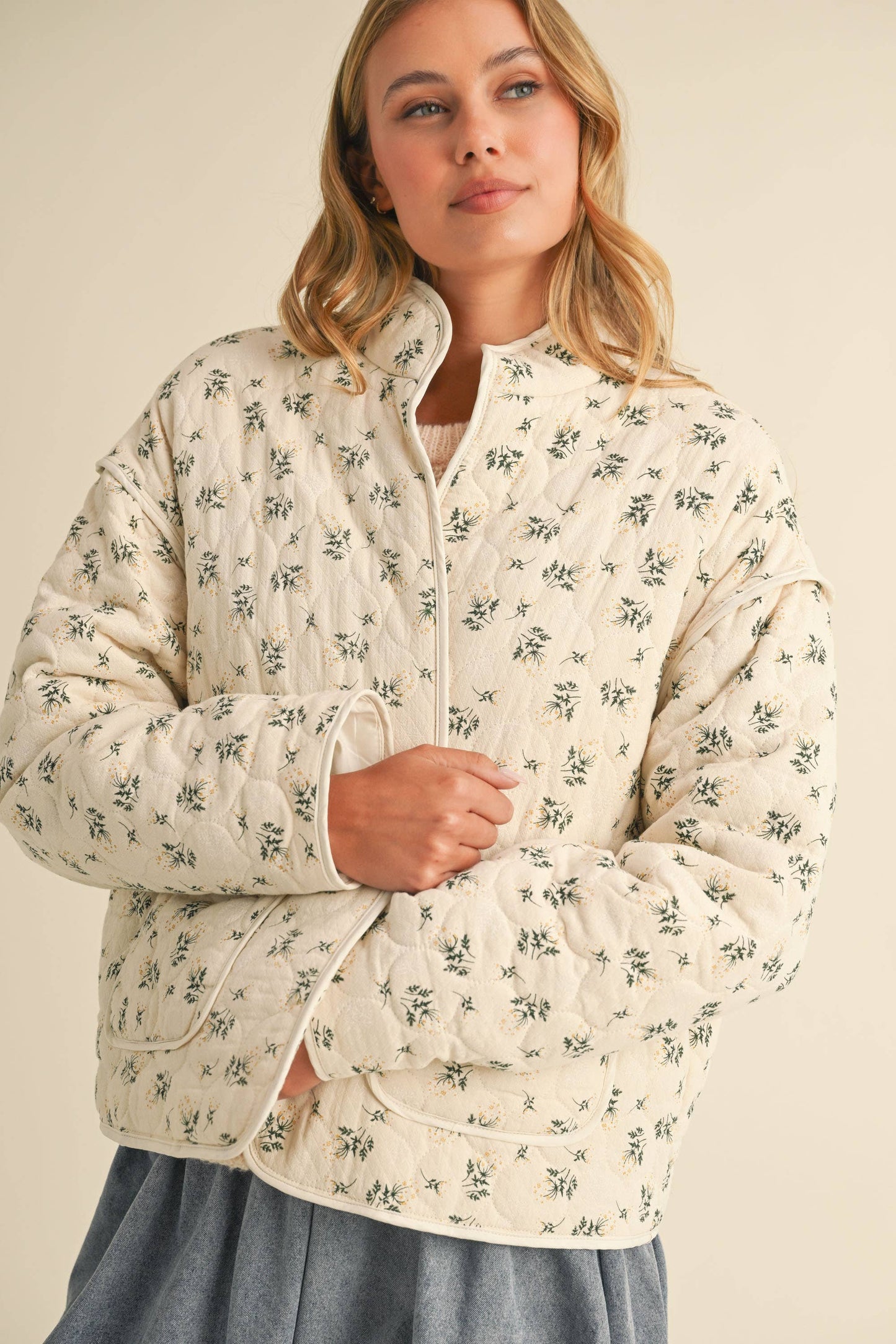 IJ1539 DITSY FLORAL PADDED QUILTED OPEN FRONT JACKET