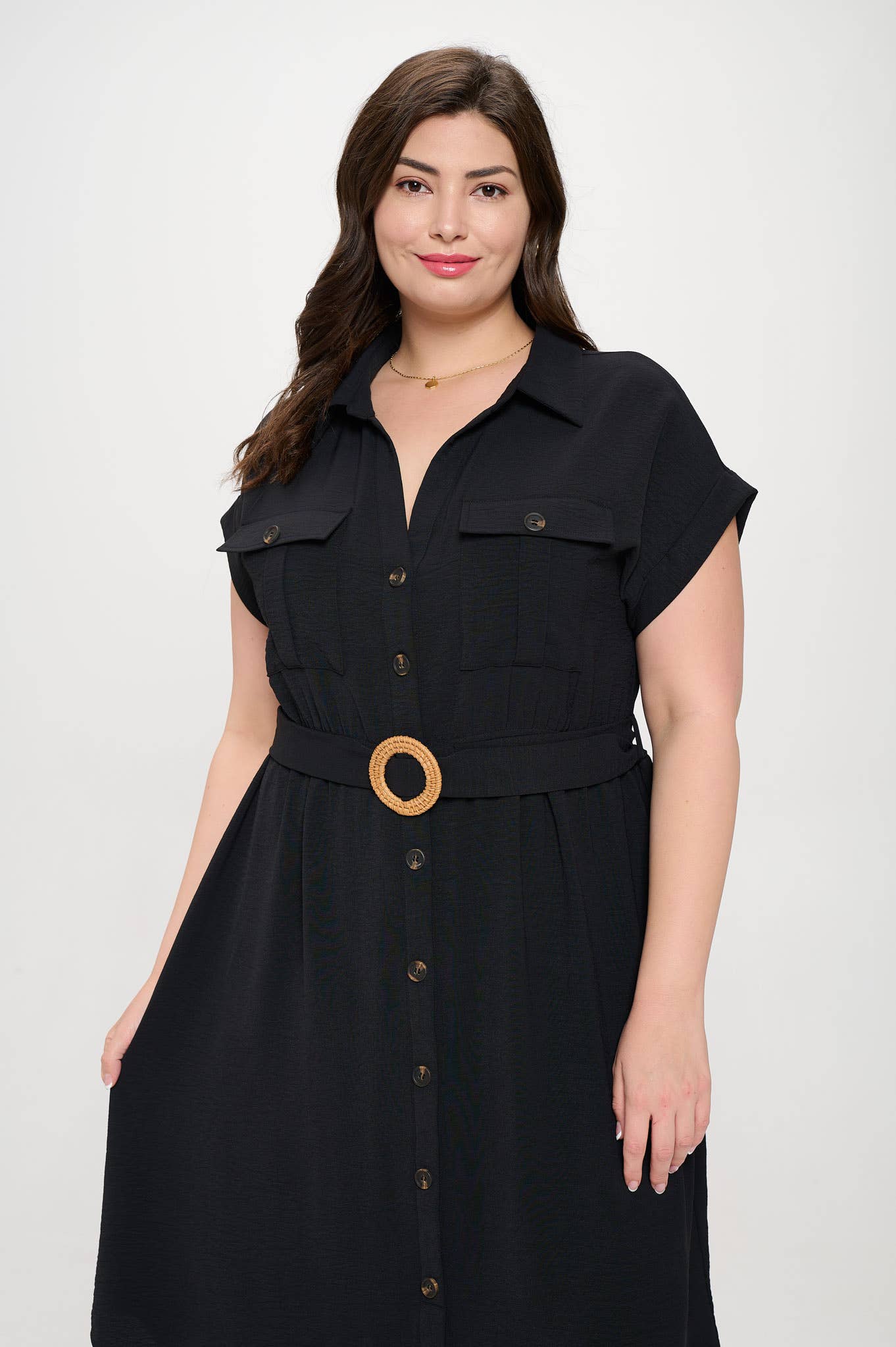 BUTTON DOWN BELTED DRESS