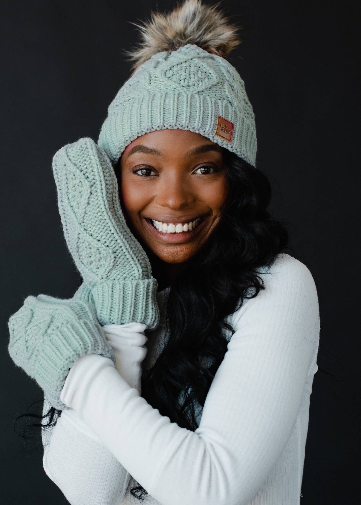 Light Blue Cable Knit Pom Hat