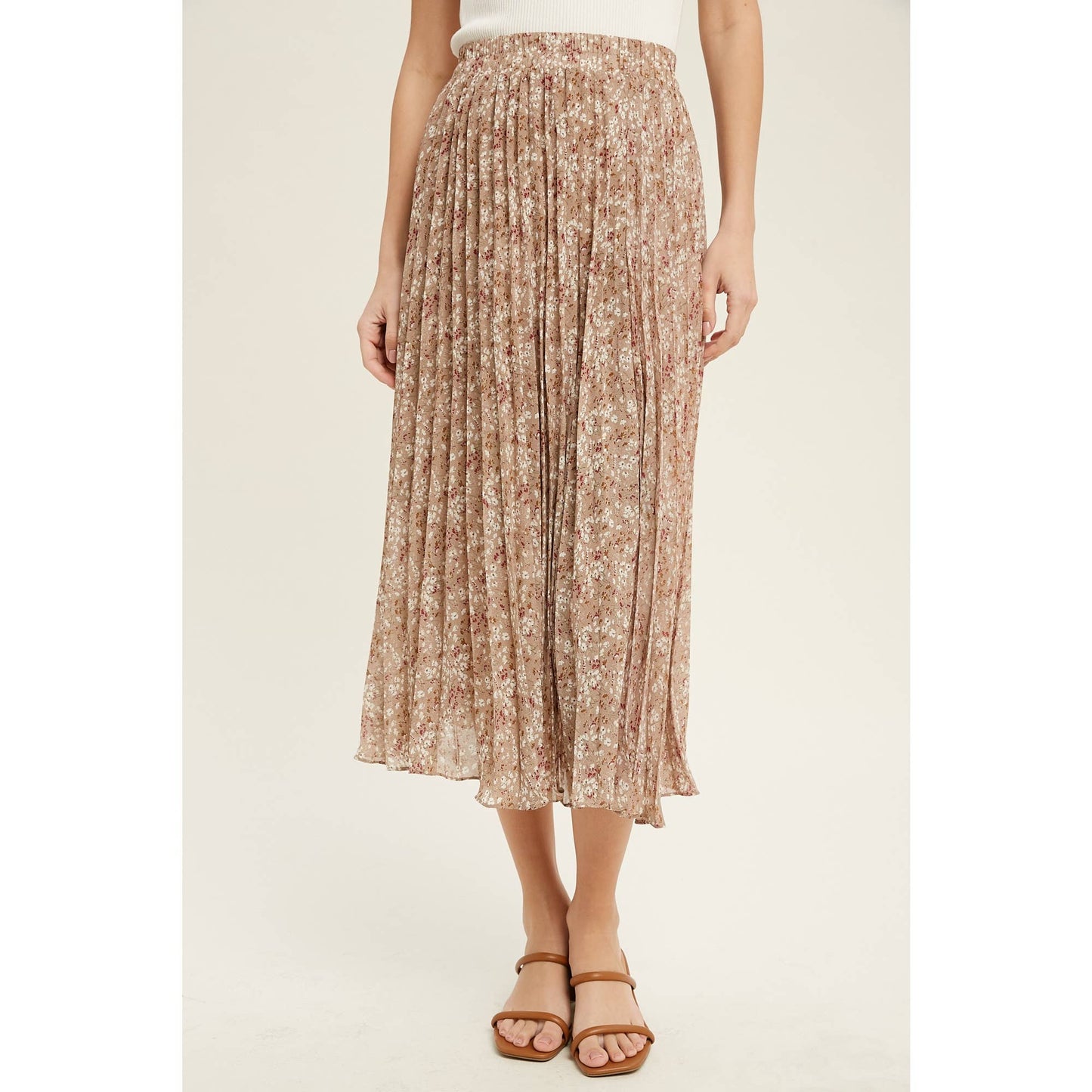 FLORAL PLEATED LINED MIDI SKIRT / WL22-6585