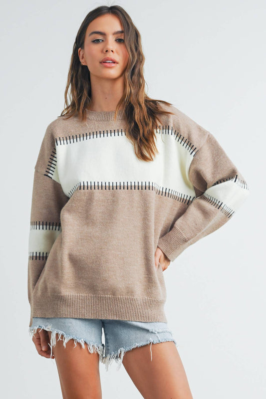 BLOCK STRIPED CREW NECK SWEATER