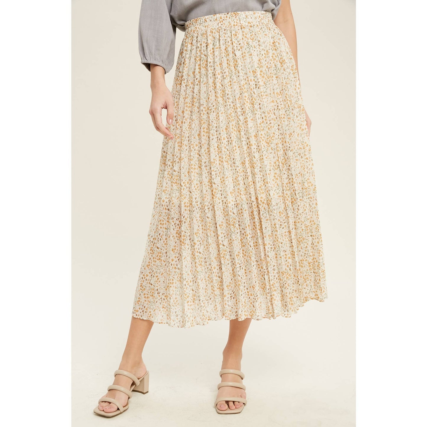 FLORAL PLEATED LINED MIDI SKIRT / WL22-6585