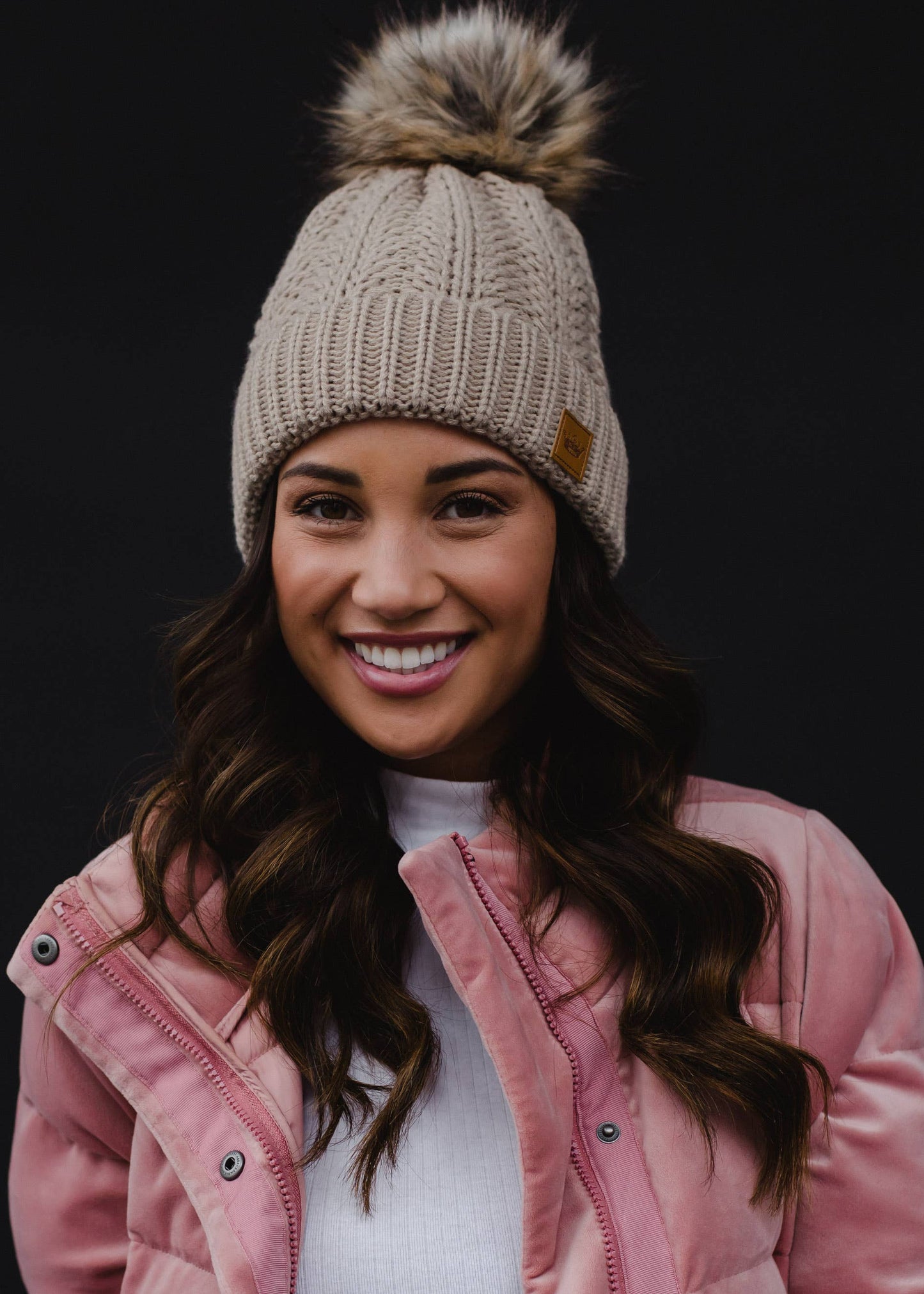 Tan Cable Knit Pom Hat