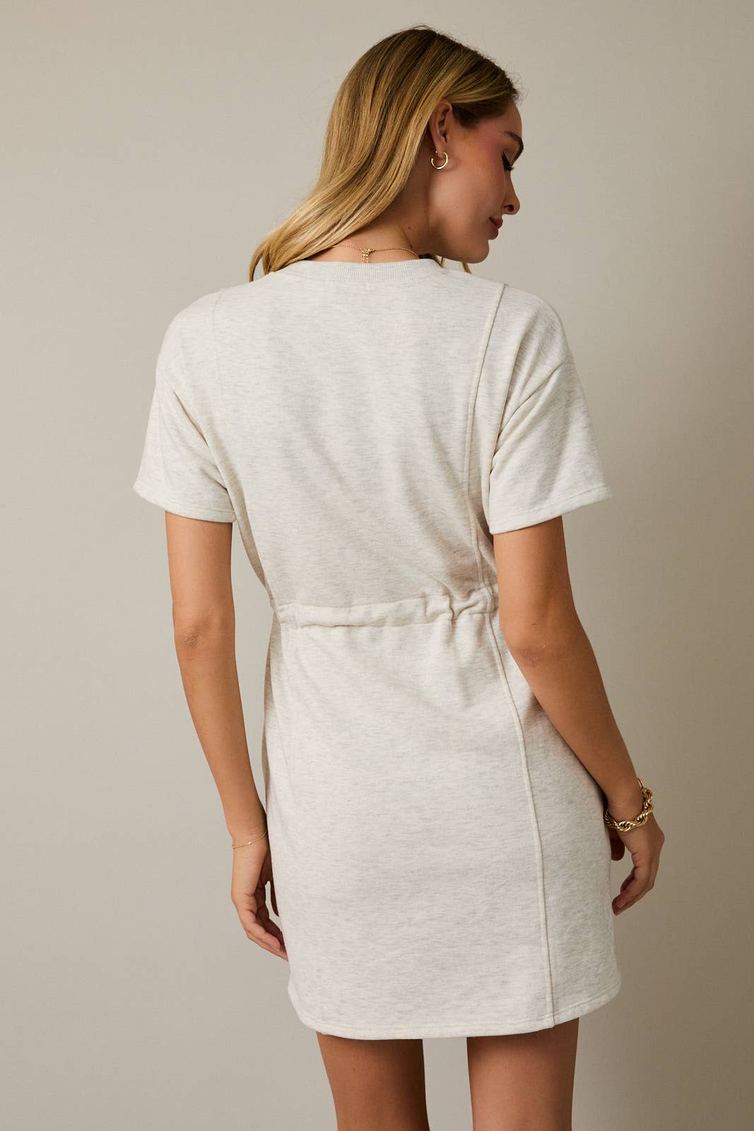 ROUND NECK SHORT SLEEVE WAIST TIE MINI DRESS