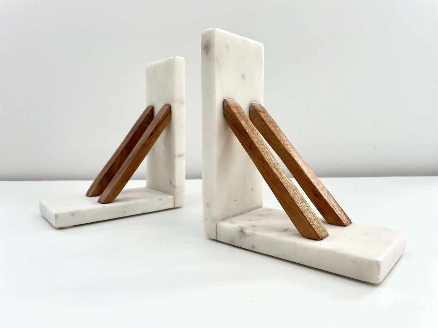 White marble & acacia wood handmade minimal neutral bookends