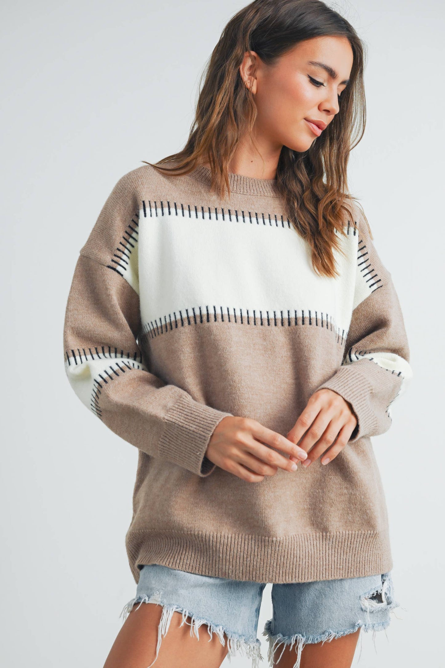 BLOCK STRIPED CREW NECK SWEATER