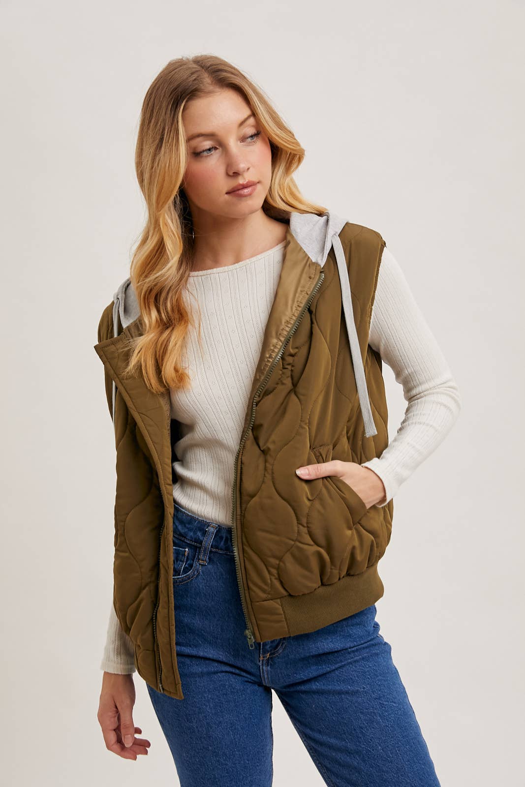 ZIPPER FRONT QUILTED PUFFER VEST CONTRAST HOODIE