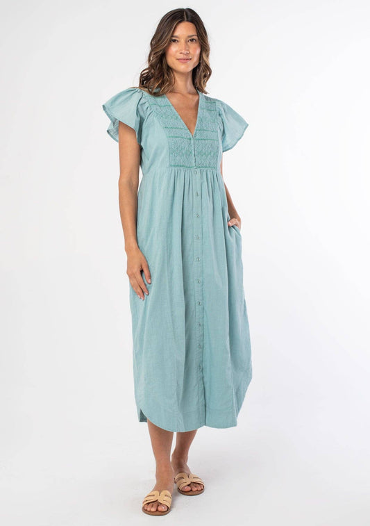 Cotton Slub Smocked Button Down Midi Dress