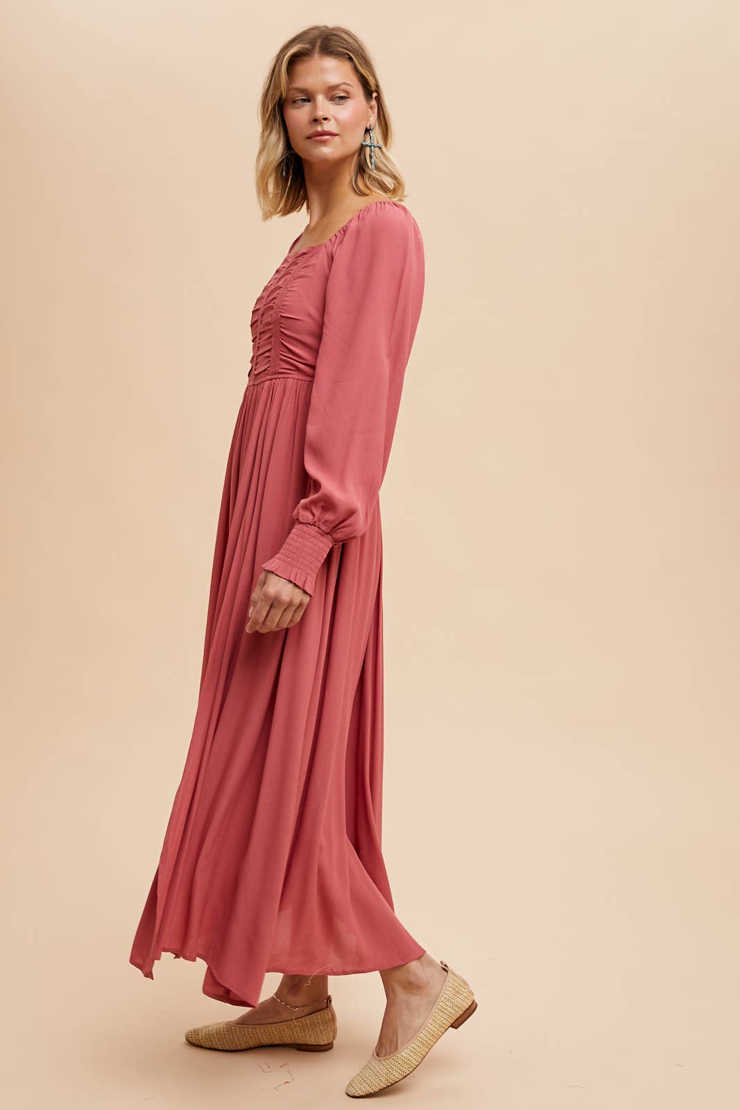 RUCHED BODICE SQUARE NECK MAXI DRESS