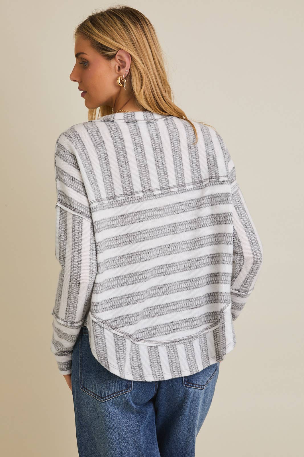 Long Sleeve Button Down Raw Edge Stripe Top