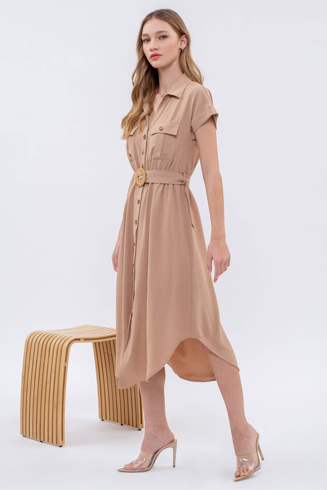 BUTTON DOWN BELTED DRESS