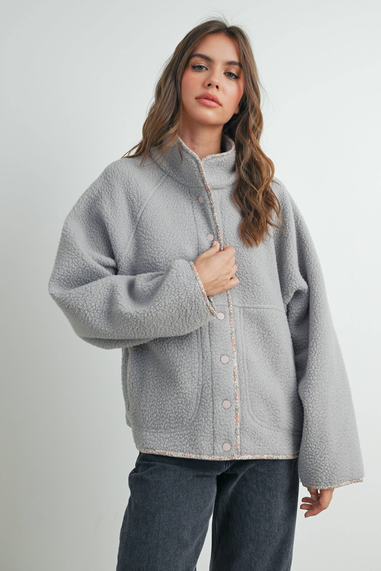 FALL COZY SNAP MOCK NECK SHERPA FLEECE JACKET - BMJ7547