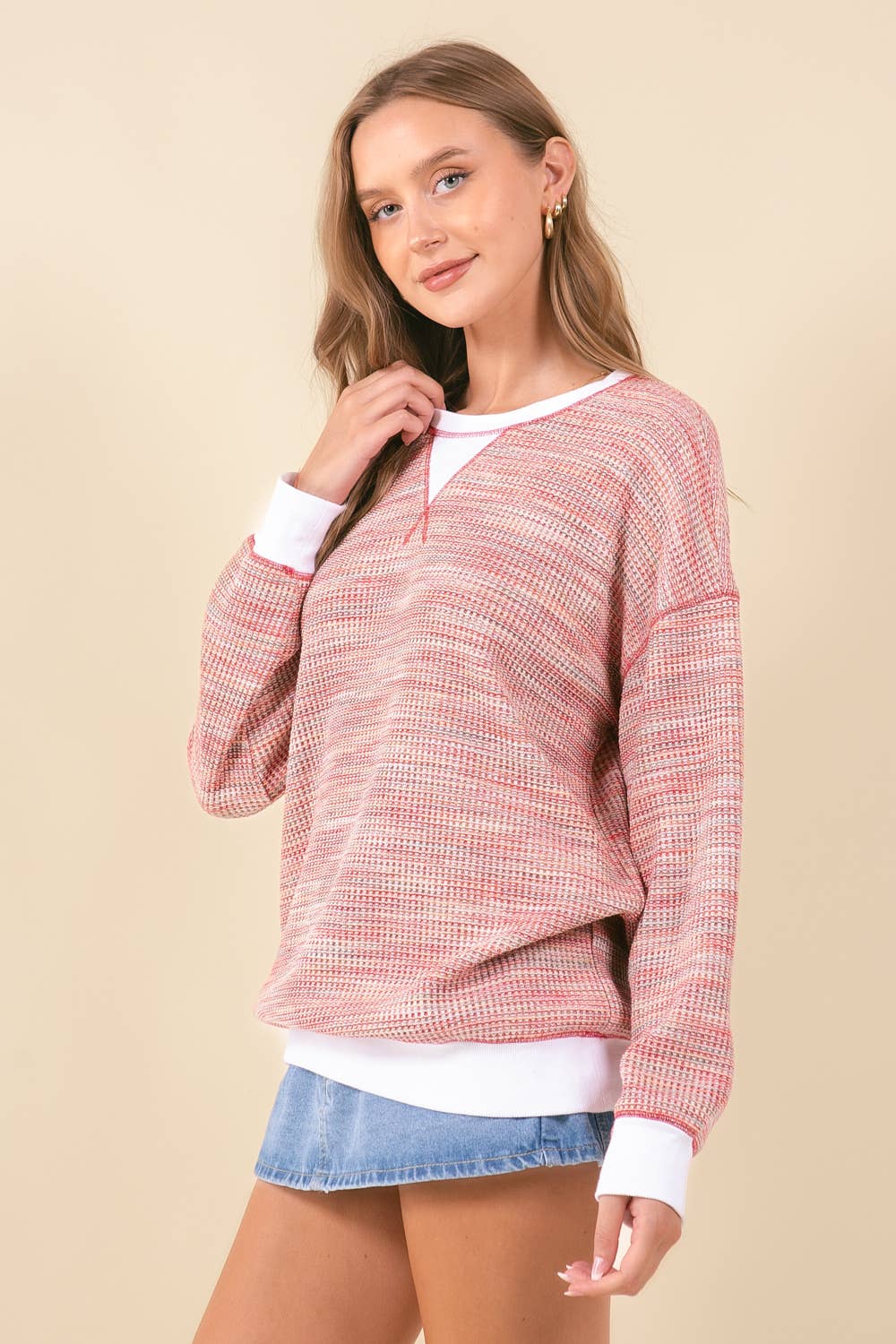 MULTI-COLORED WAFFLE KNIT DROP SHOULDER LONG SLEEVE - 44601T