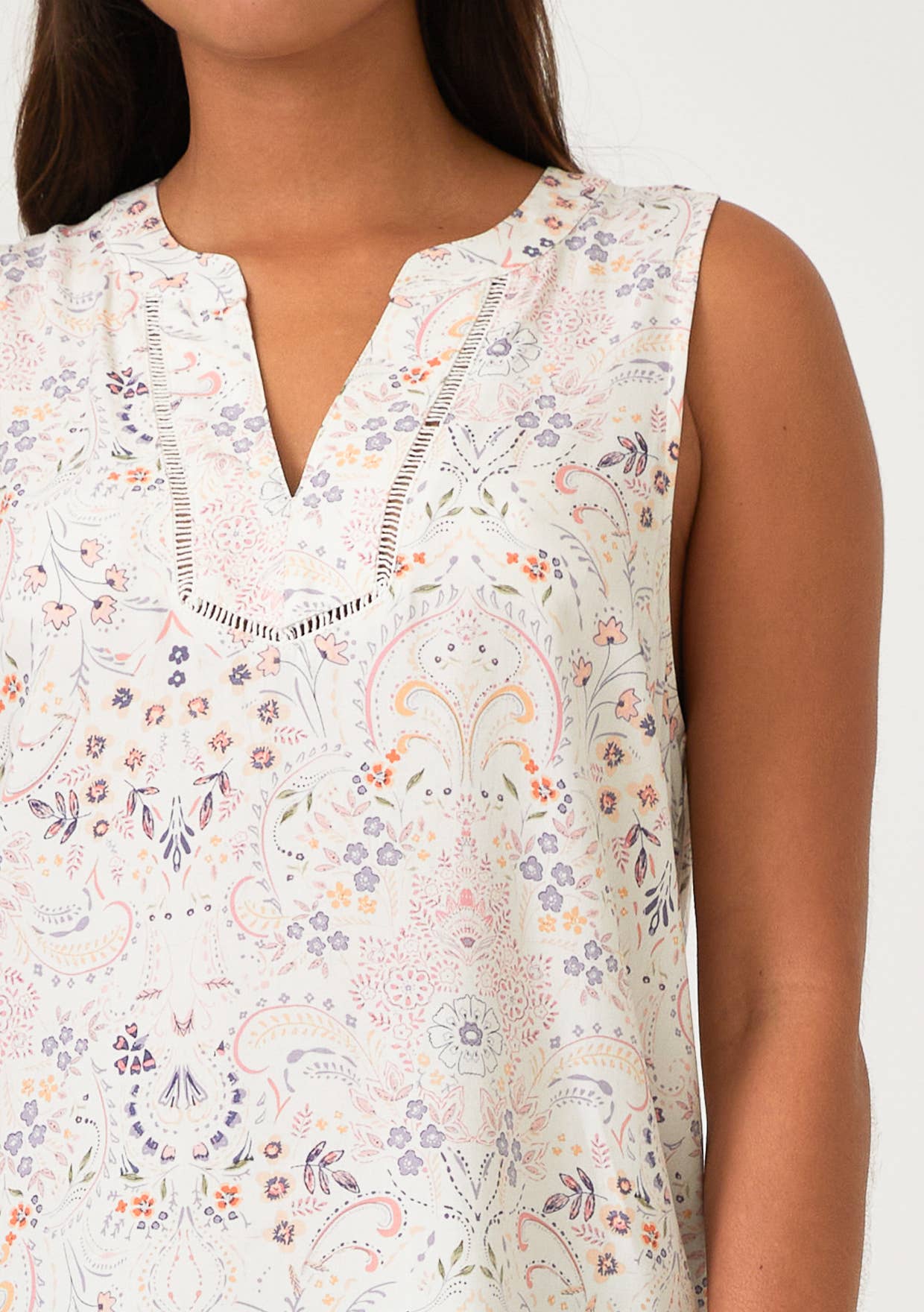 Floral Lattice Trim Split V Neck Tank Top