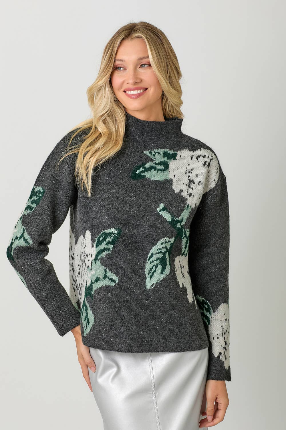 60767 Floral Print Funnel Neck Sweater