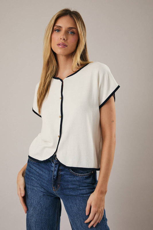 Round Neck Wide Shoulder Button Down Knit Top
