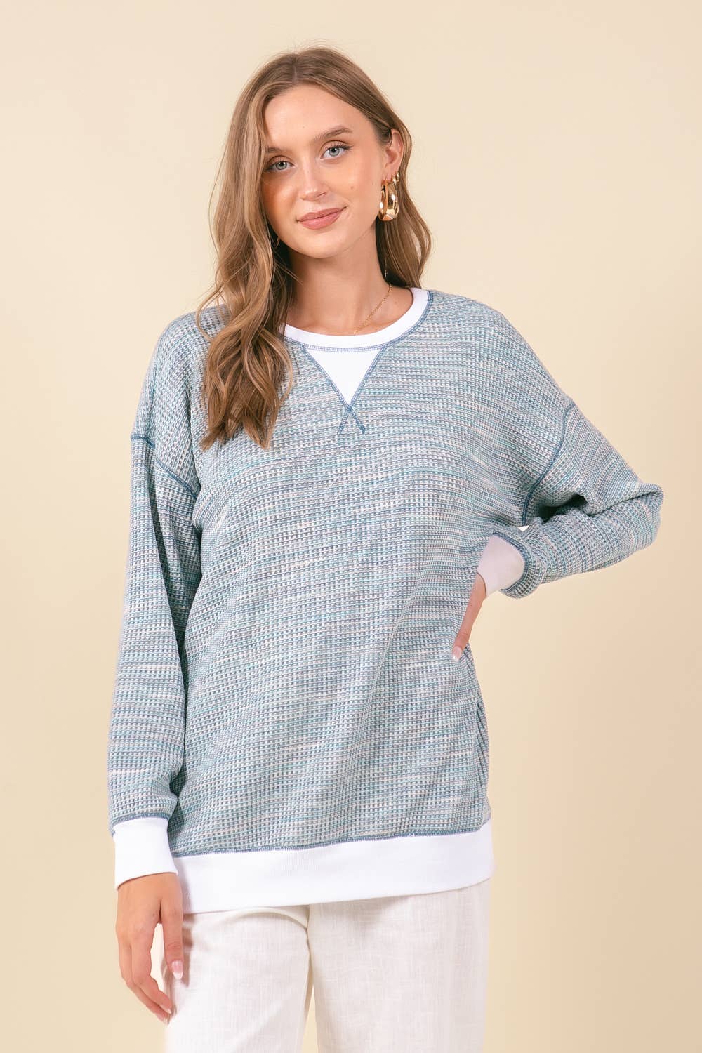 MULTI-COLORED WAFFLE KNIT DROP SHOULDER LONG SLEEVE - 44601T