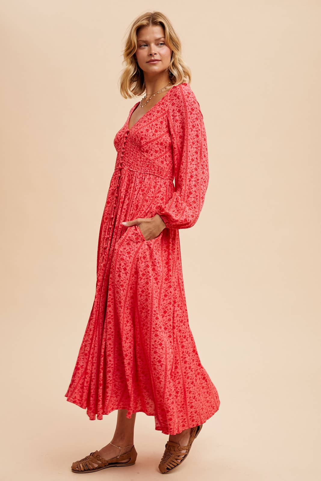 SMOCKED FLORAL MAXI DRESS