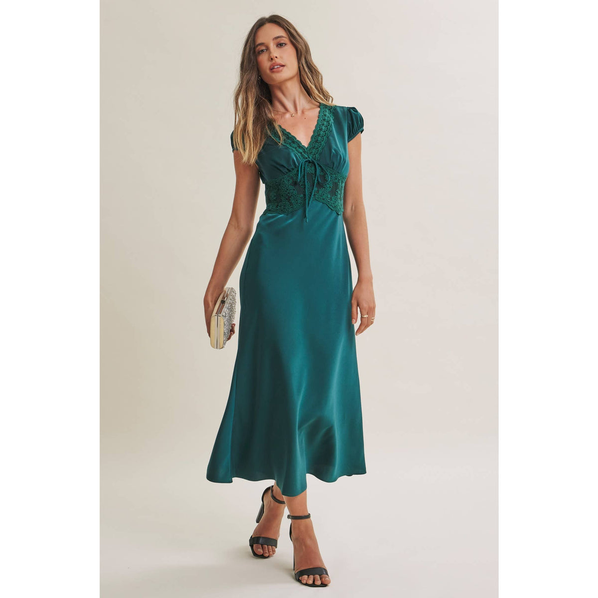 GRACEFUL DRAPE BIAS CUT SILKY SATIN LACE MIDI DRESS