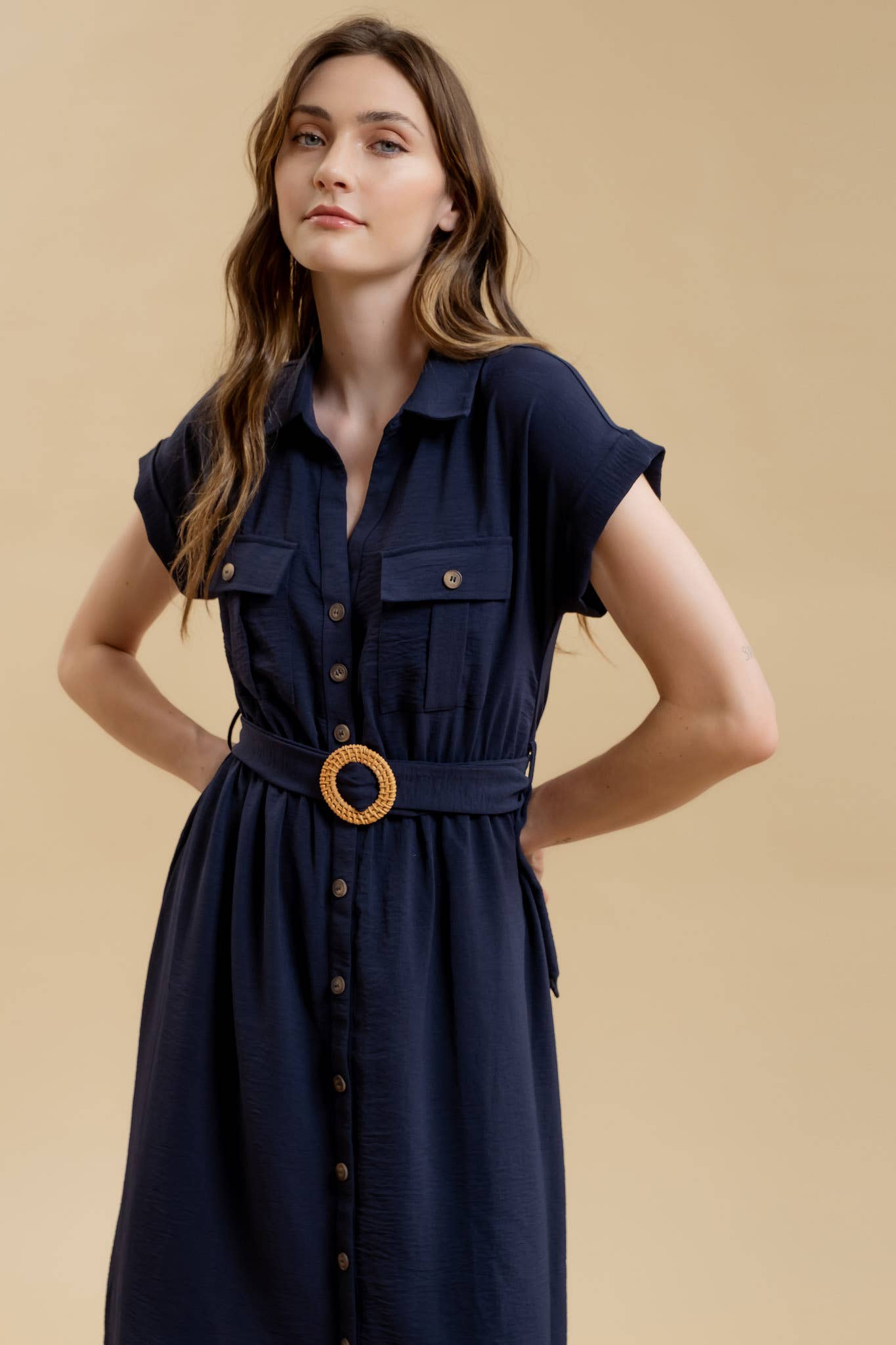 BUTTON DOWN BELTED DRESS