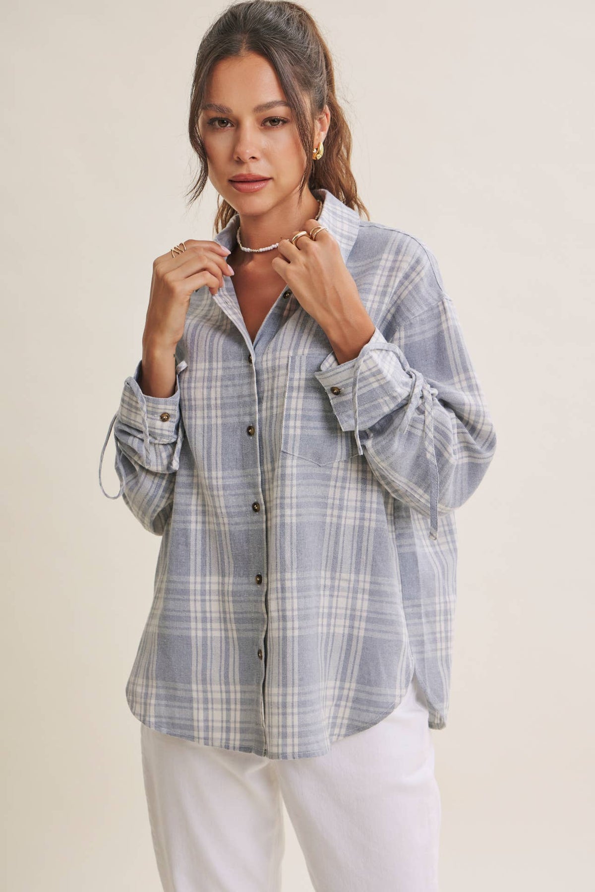 PLAID RUCHED SLEEVES SHIRT