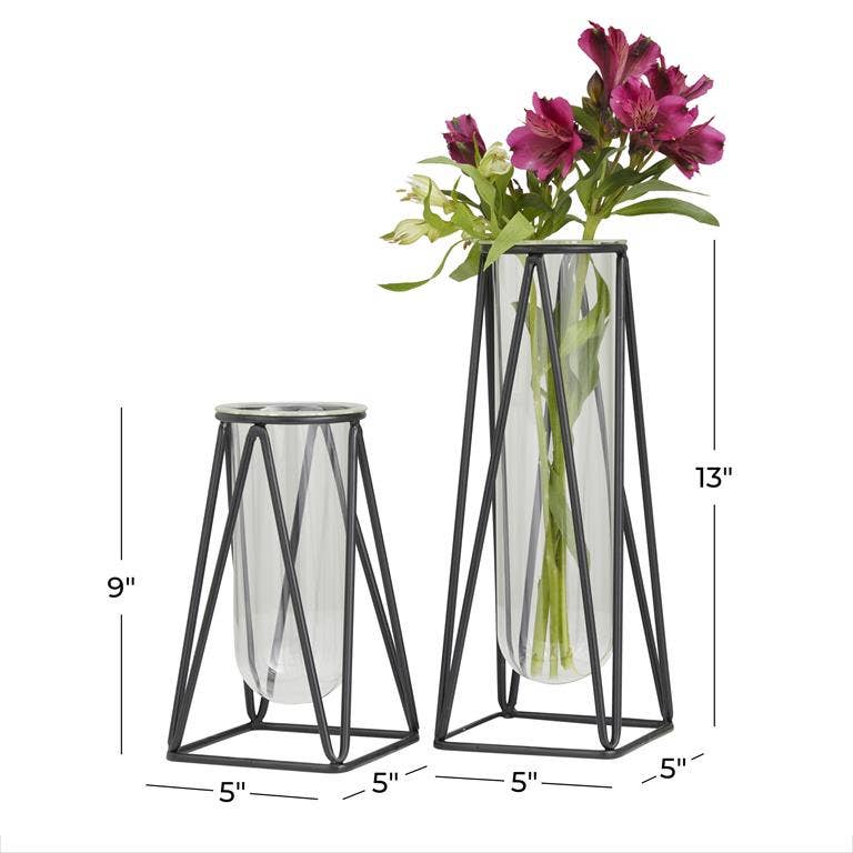 Glass Tube Vase with Black Metal Stand