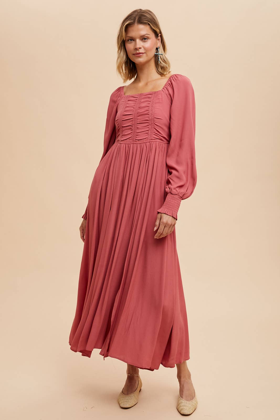 RUCHED BODICE SQUARE NECK MAXI DRESS