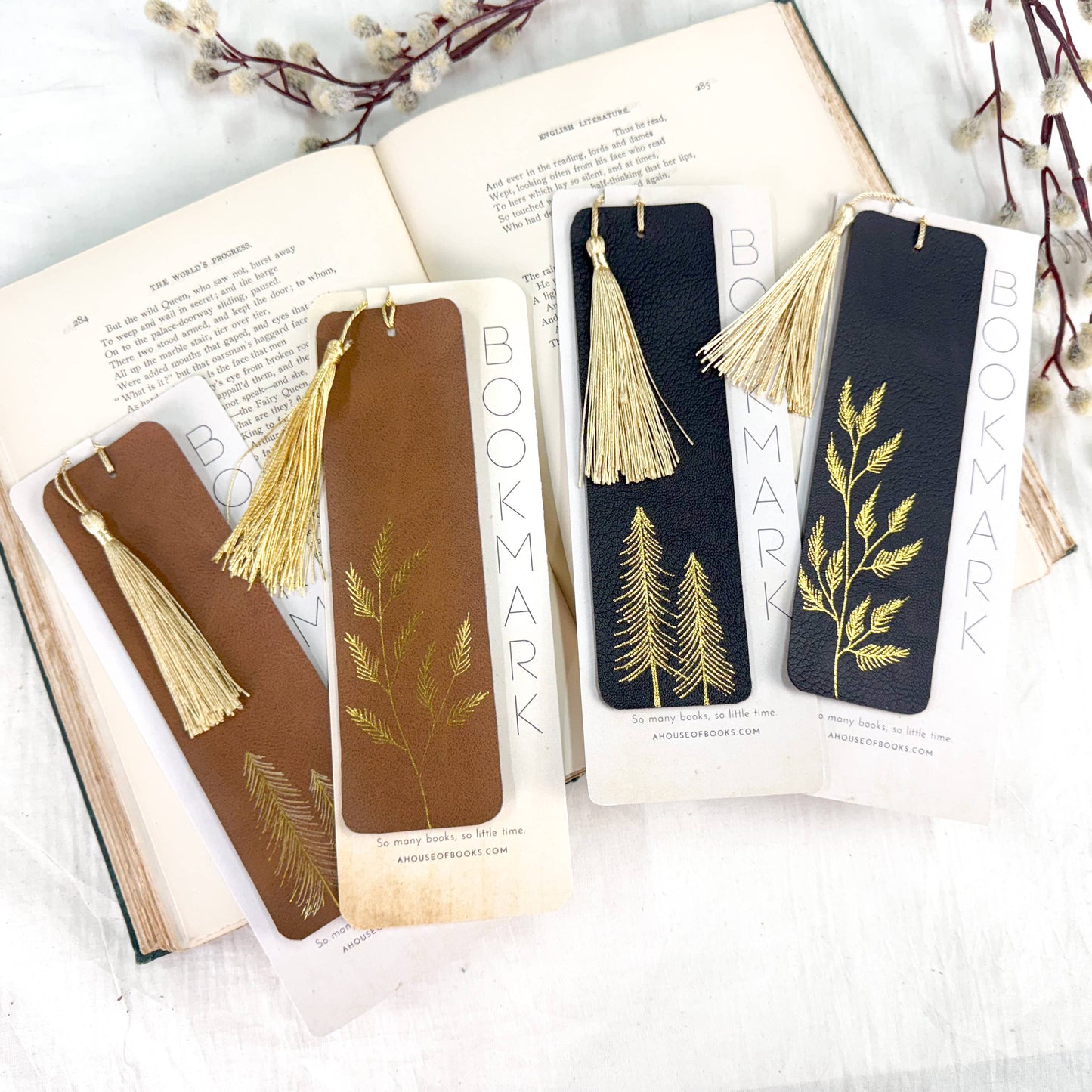 Faux Leather Tassel Bookmarks- Trees