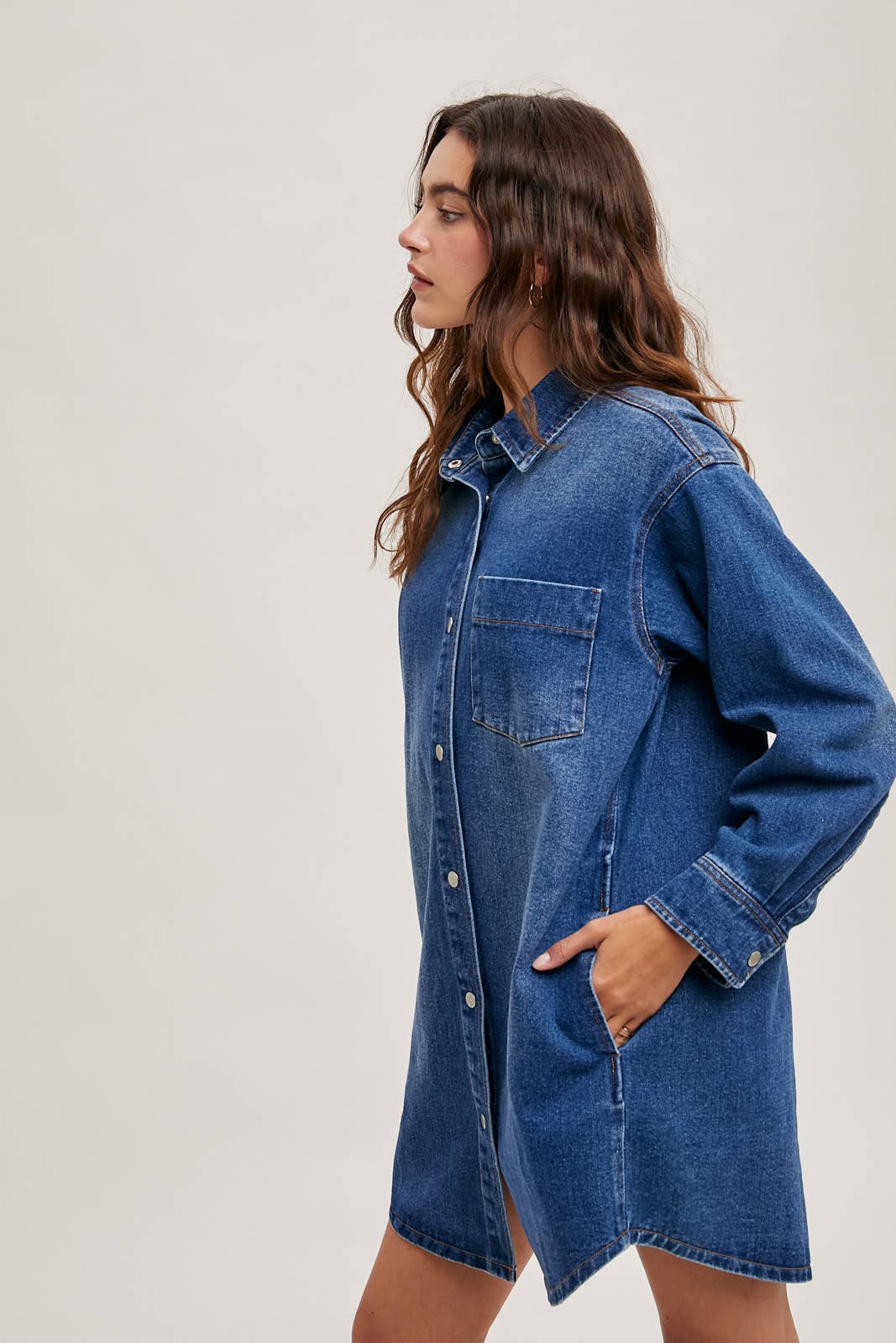 DENIM BUTTON DOWN SHIRT DRESS WITH POCKETS