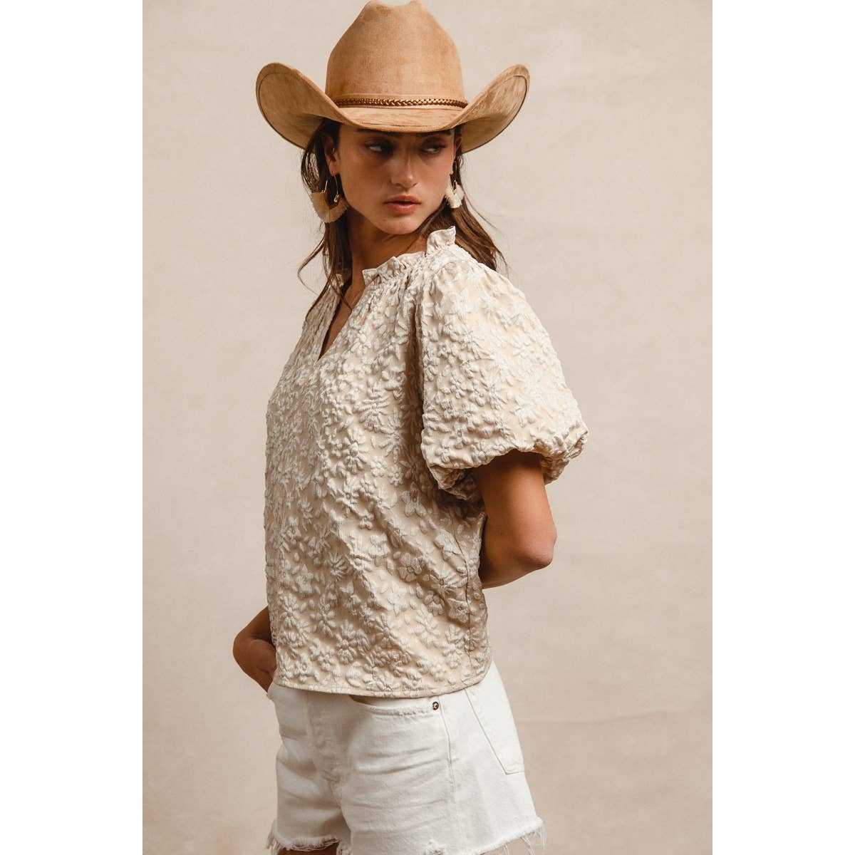 Floral Texture Ruffled V-Neck Blouse
