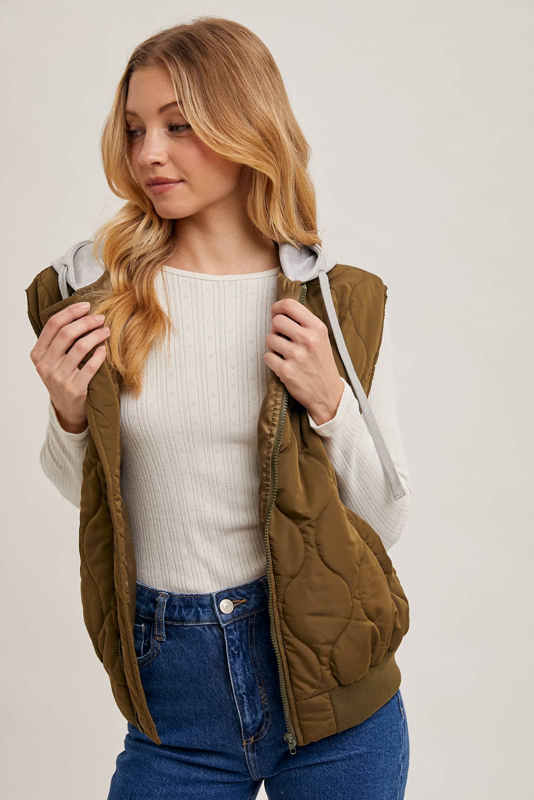 ZIPPER FRONT QUILTED PUFFER VEST CONTRAST HOODIE