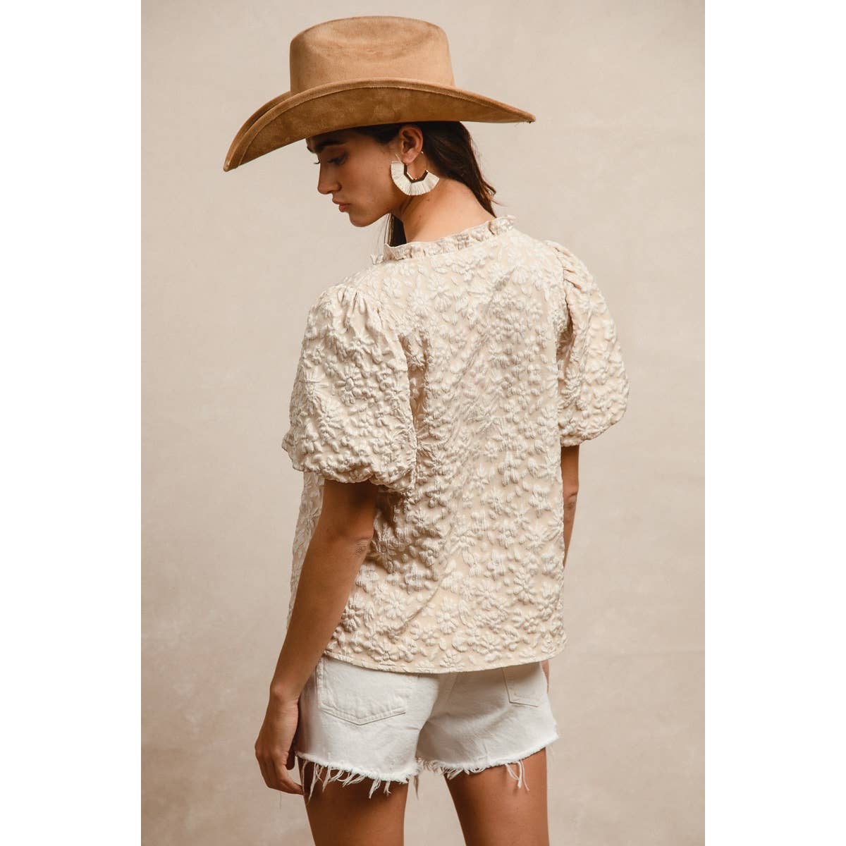 Floral Texture Ruffled V-Neck Blouse