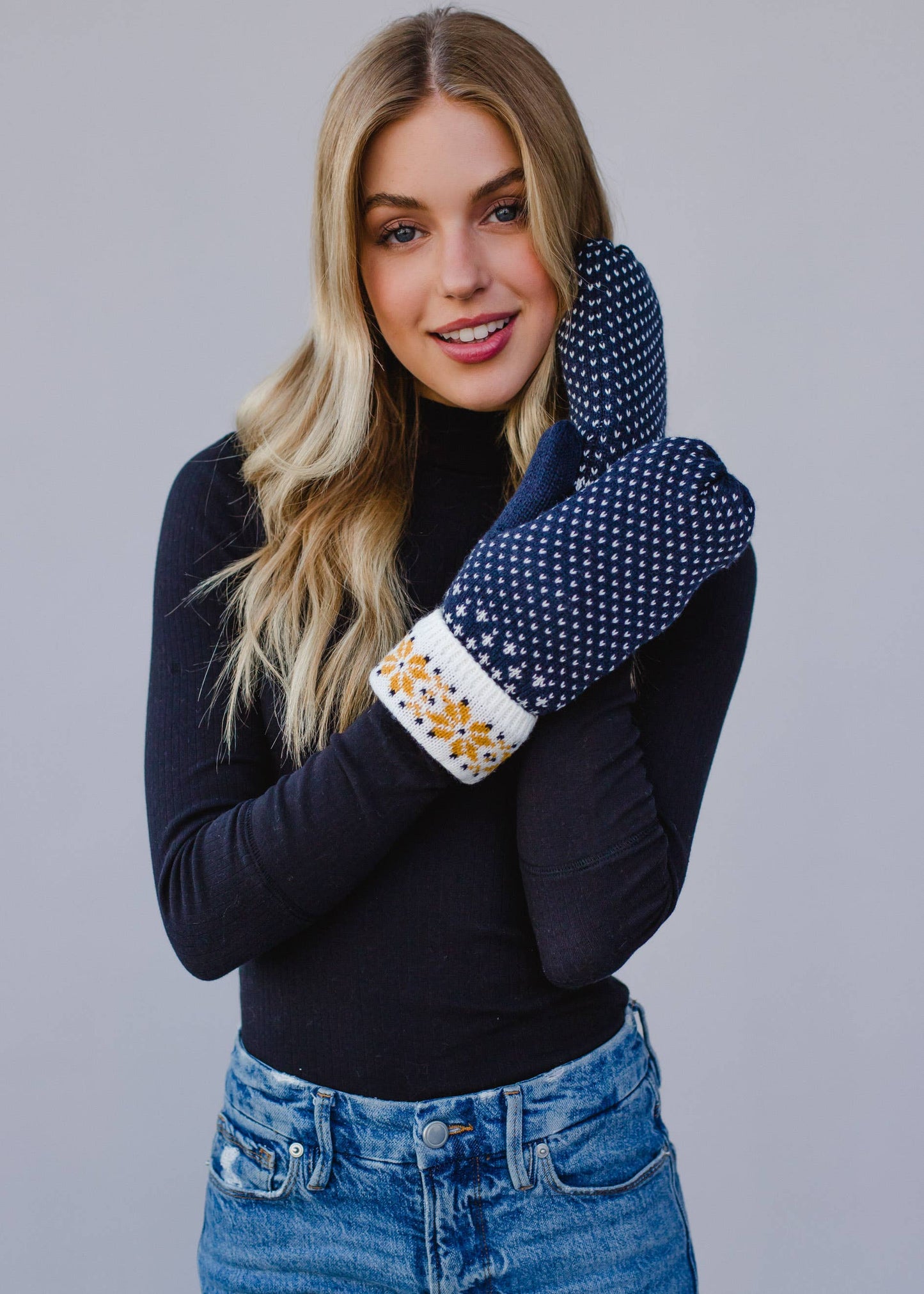 Navy, White & Mustard Patterned Mittens