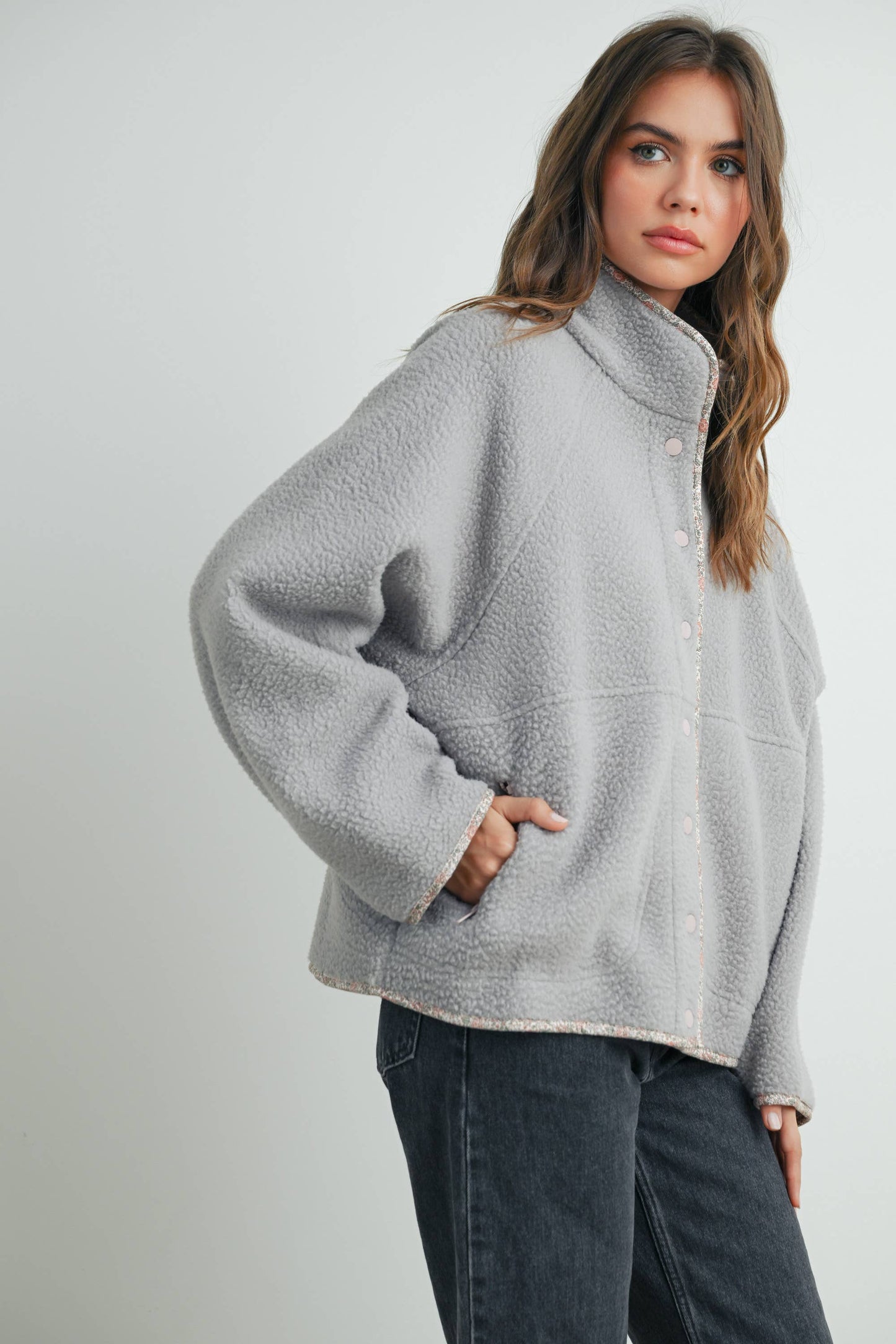 FALL COZY SNAP MOCK NECK SHERPA FLEECE JACKET - BMJ7547